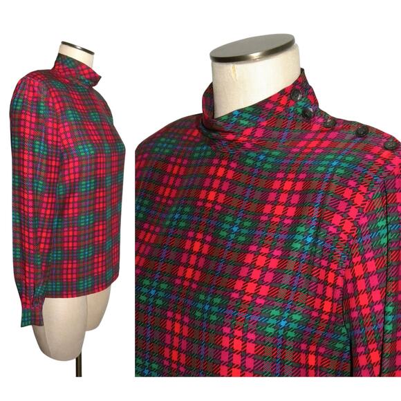 70's 80s Liz Claiborne Red Plaid High Collar Silk Blouse | XSMALL - Picture 1 of 8